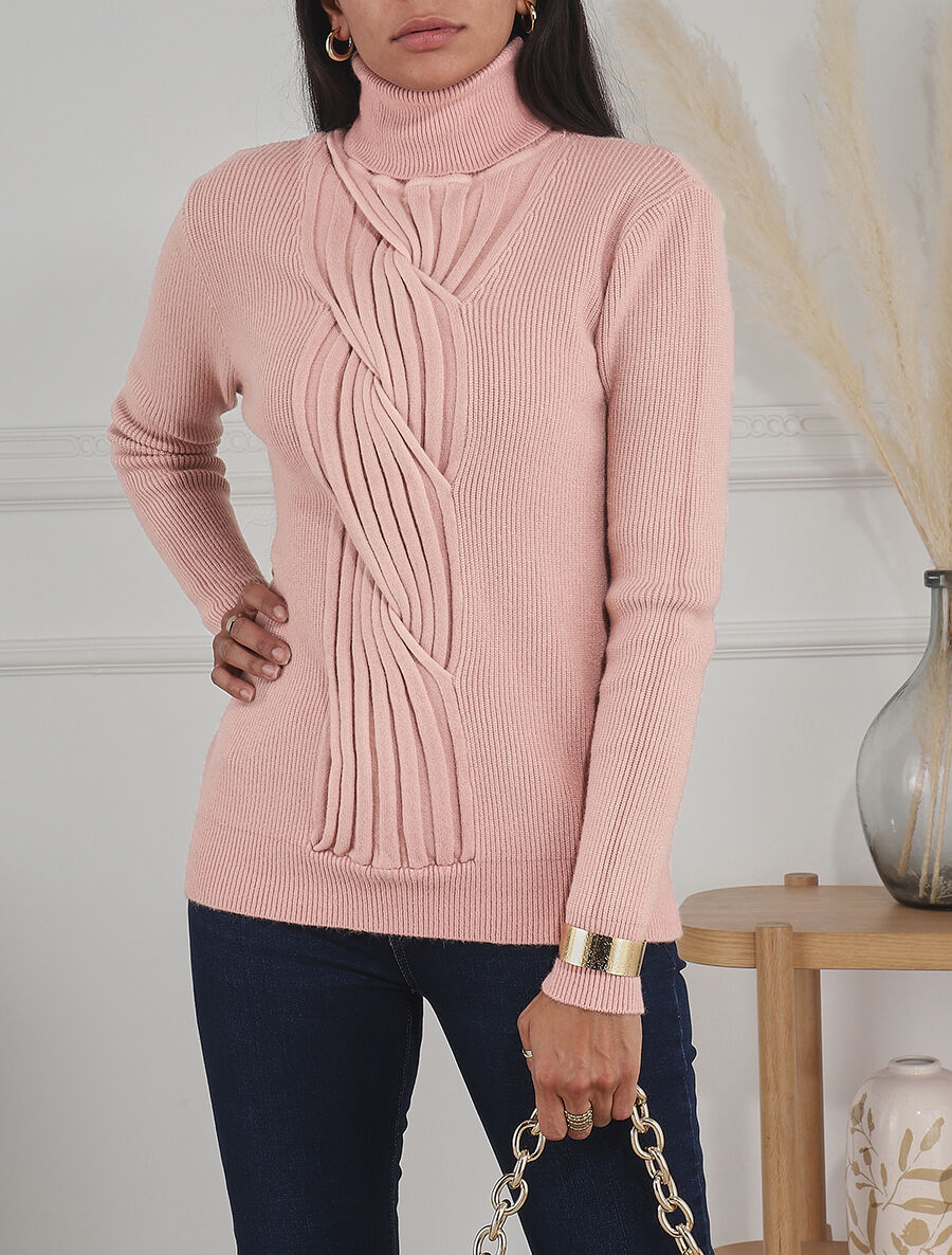Pull uni à col roulé et motif torsade - Rose - 4