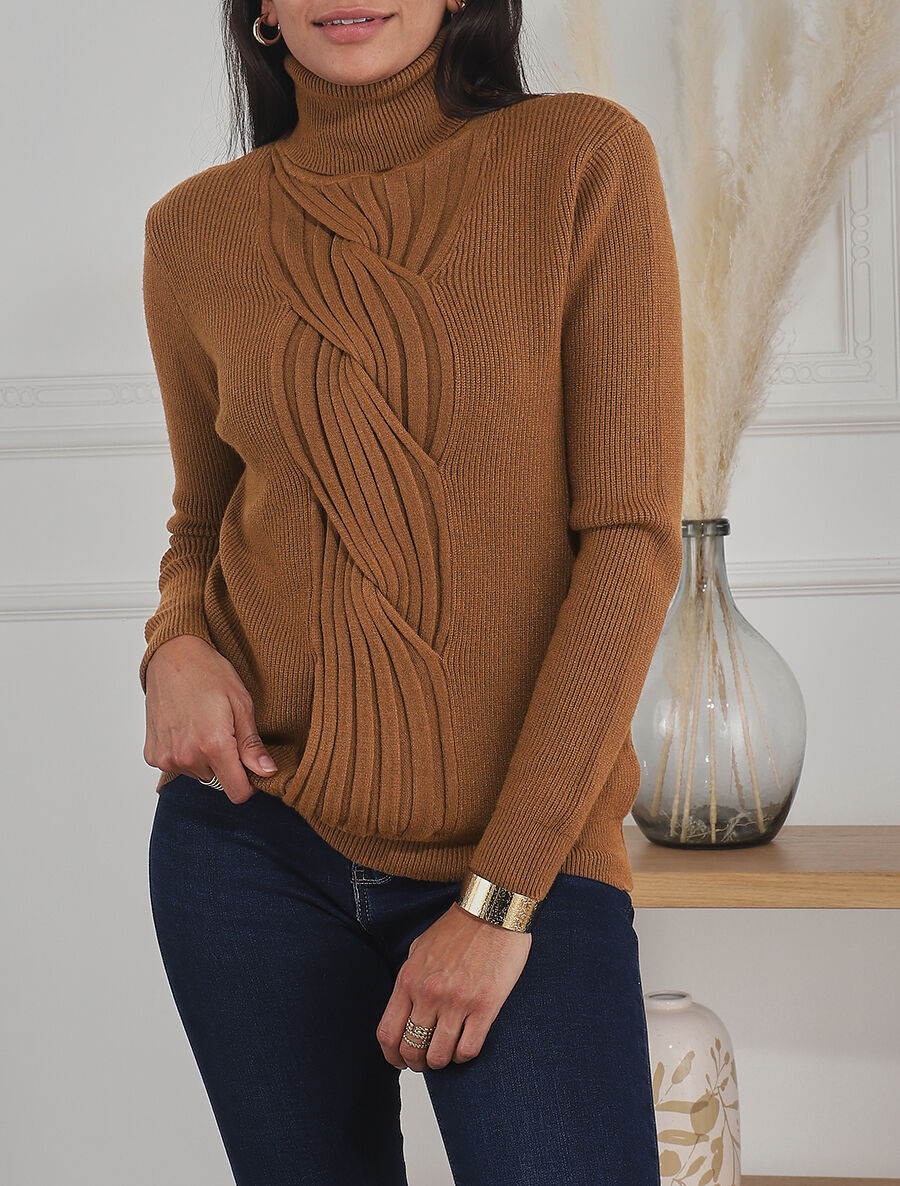 Pull uni à col roulé et motif torsade - Camel - 4