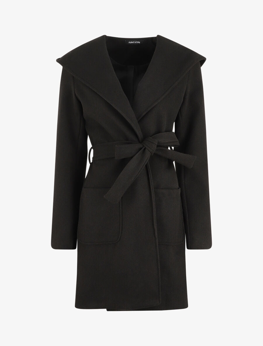 Manteau long à capuche et col châle - Noir - 1
