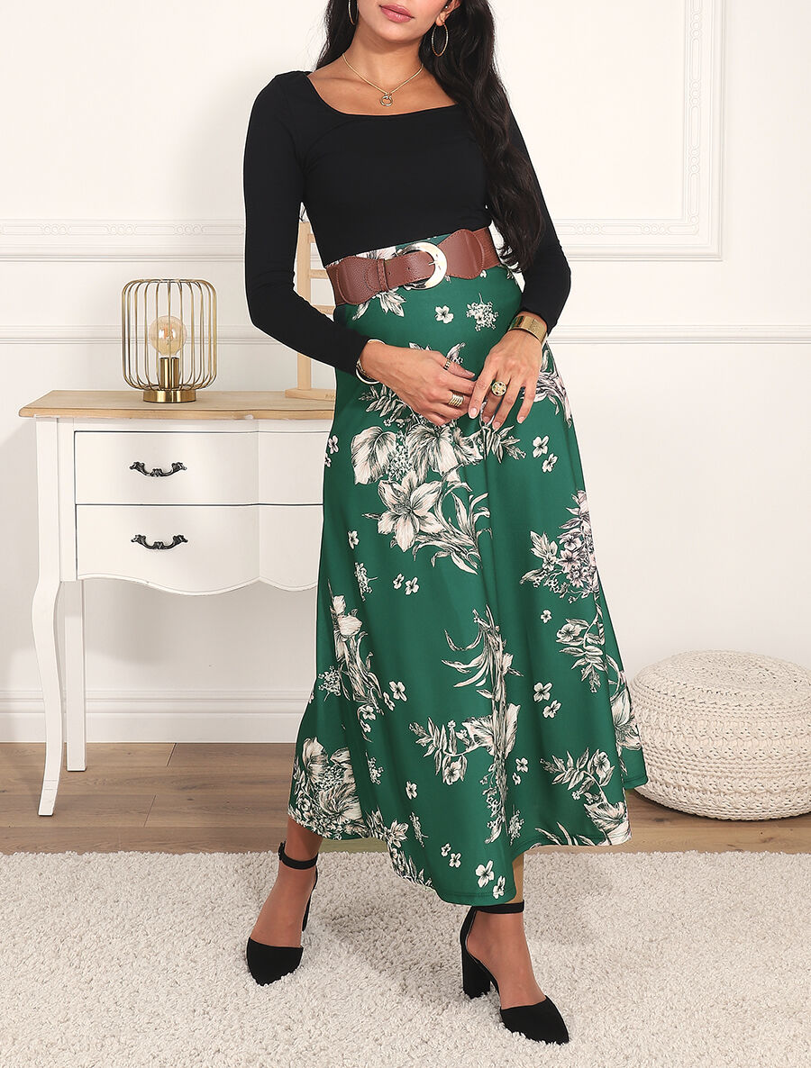 Robe longue empire à jupe fleurie - Vert - 4