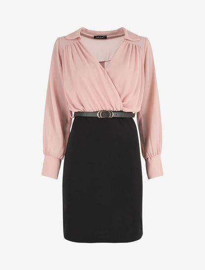 Robe fourreau à col cache-coeur - Noir/rose - 1