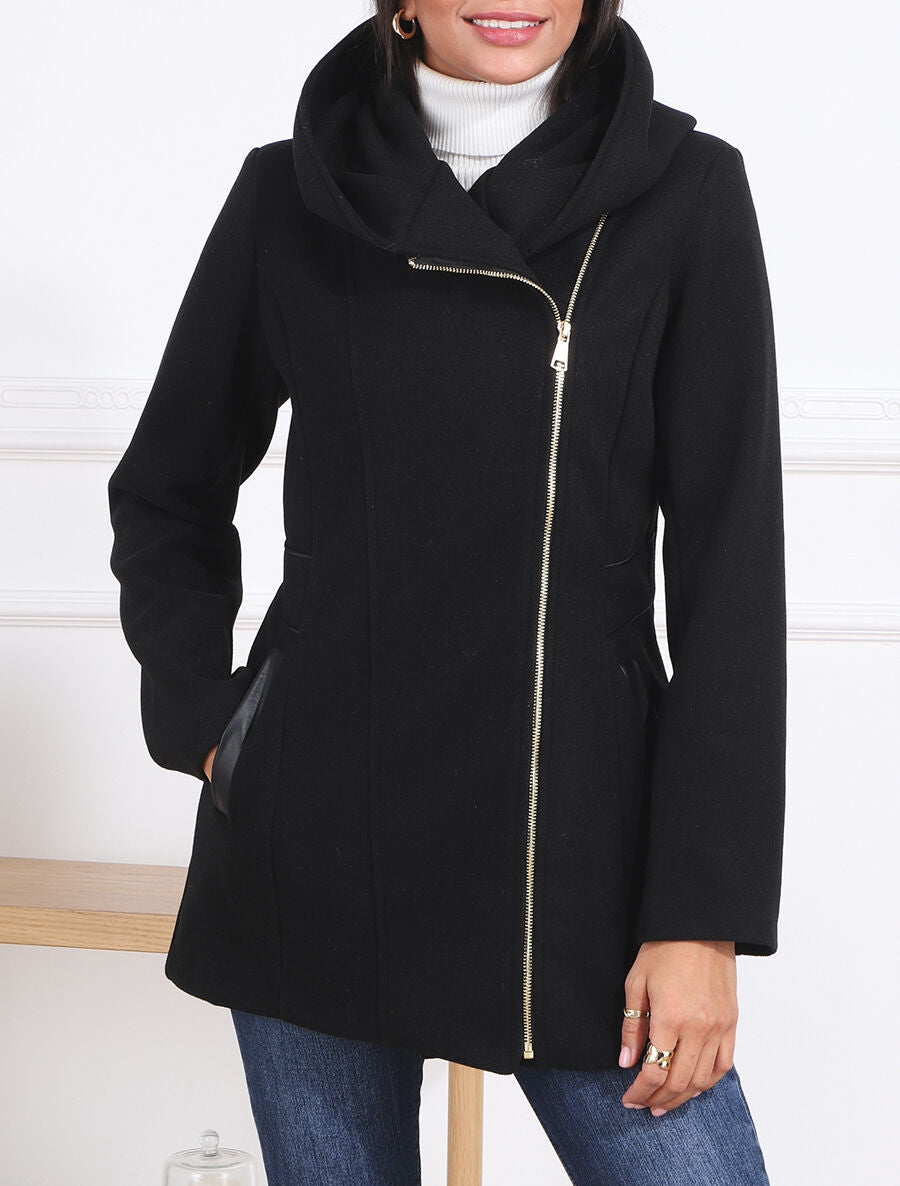 Manteau mi-long zippé à capuche - Noir - 3