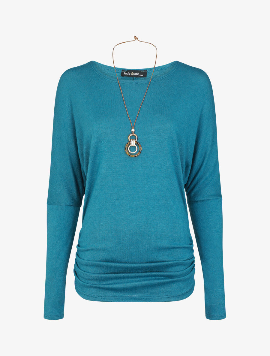 Pull fin uni froncé - Bleu canard - 1
