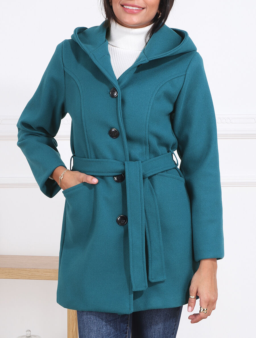 Manteau long à capuche uni - Bleu canard - 4