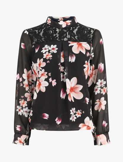 Top fleuri en dentelle - Noir - 5