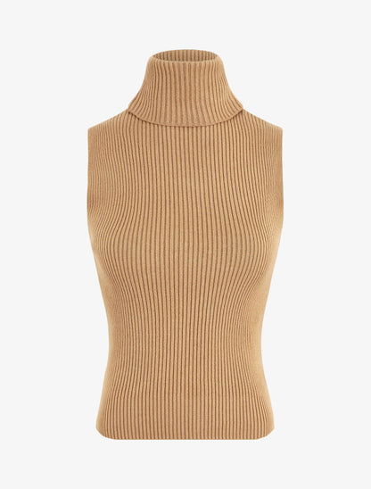Pull ajusté sans manches à col roulé - Camel - 1