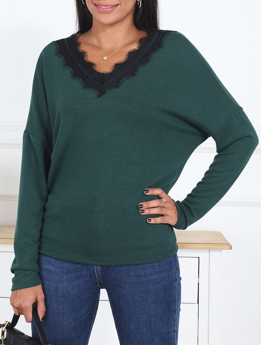 Pull fin à col V et dos en dentelle - Vert - 4