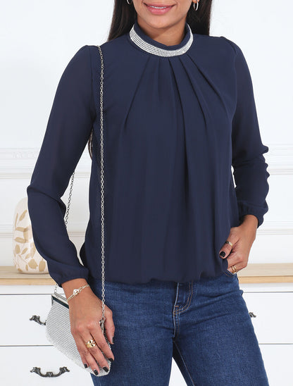 Top en voile uni à col bijoux - Marine - 4