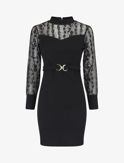 Robe droite à manches longues en dentelle et sequins - Noir - 5