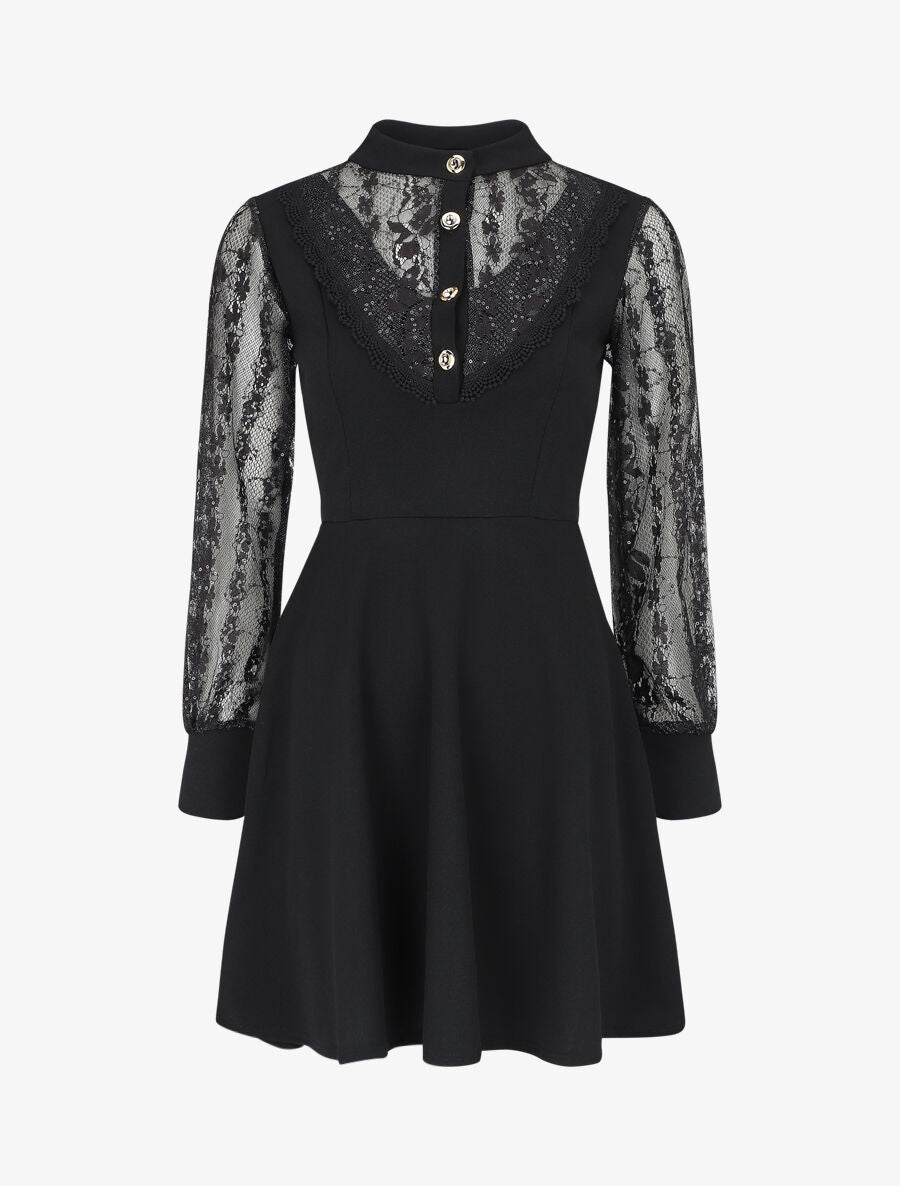 Robe droite à manches en dentelle et sequins - Noir - 4