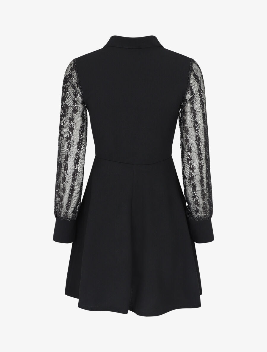 Robe droite à manches en dentelle et sequins - Noir - 2