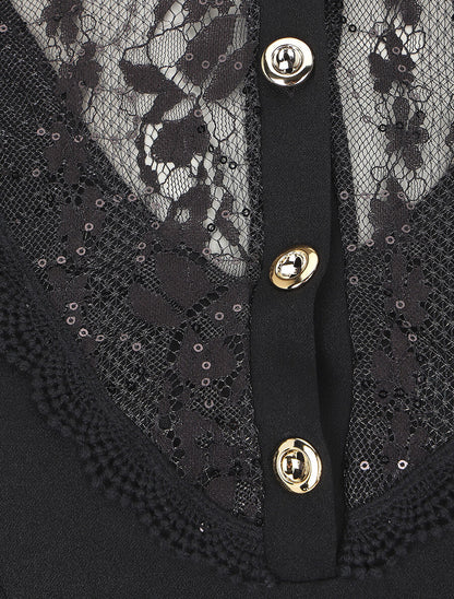 Robe droite à manches en dentelle et sequins - Noir - 3