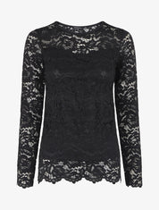 Top uni en dentelle à manches longues - Noir - 4