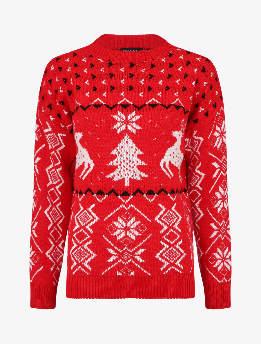 Pull à motif fantaisie noël à col rond - Rouge - 1