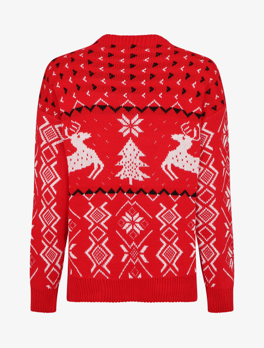 Pull à motif fantaisie noël à col rond - Rouge - 2