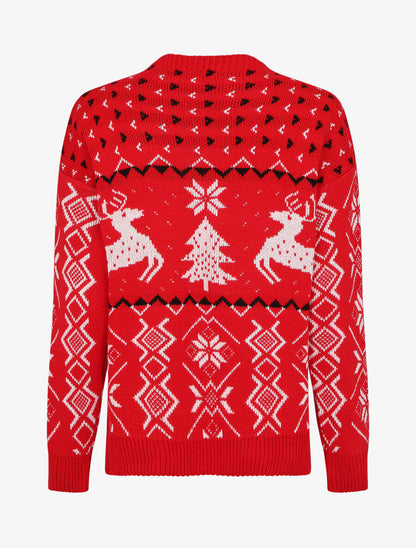 Pull à motif fantaisie noël à col rond - Rouge - 2