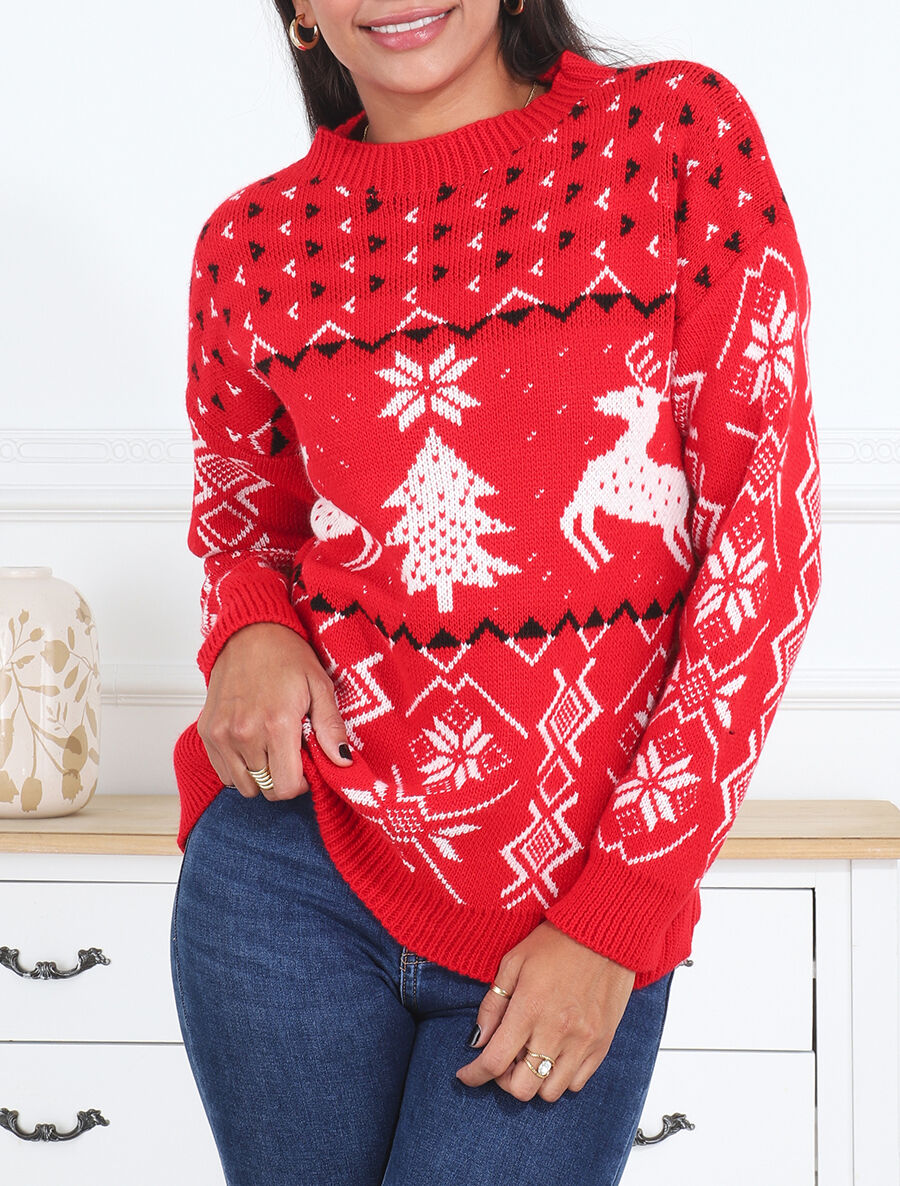 Pull à motif fantaisie noël à col rond - Rouge - 4