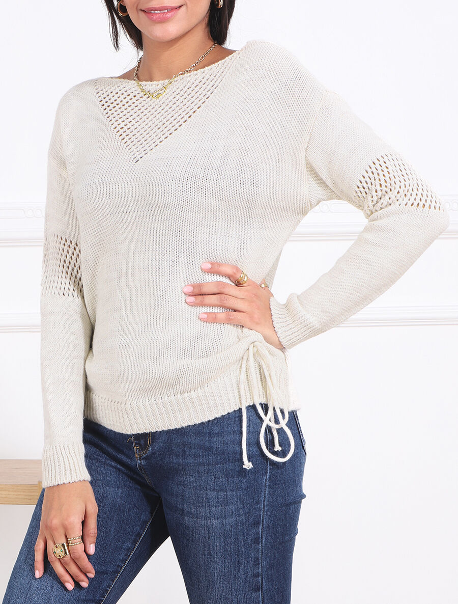 Pull droit uni à liens - Beige - 4