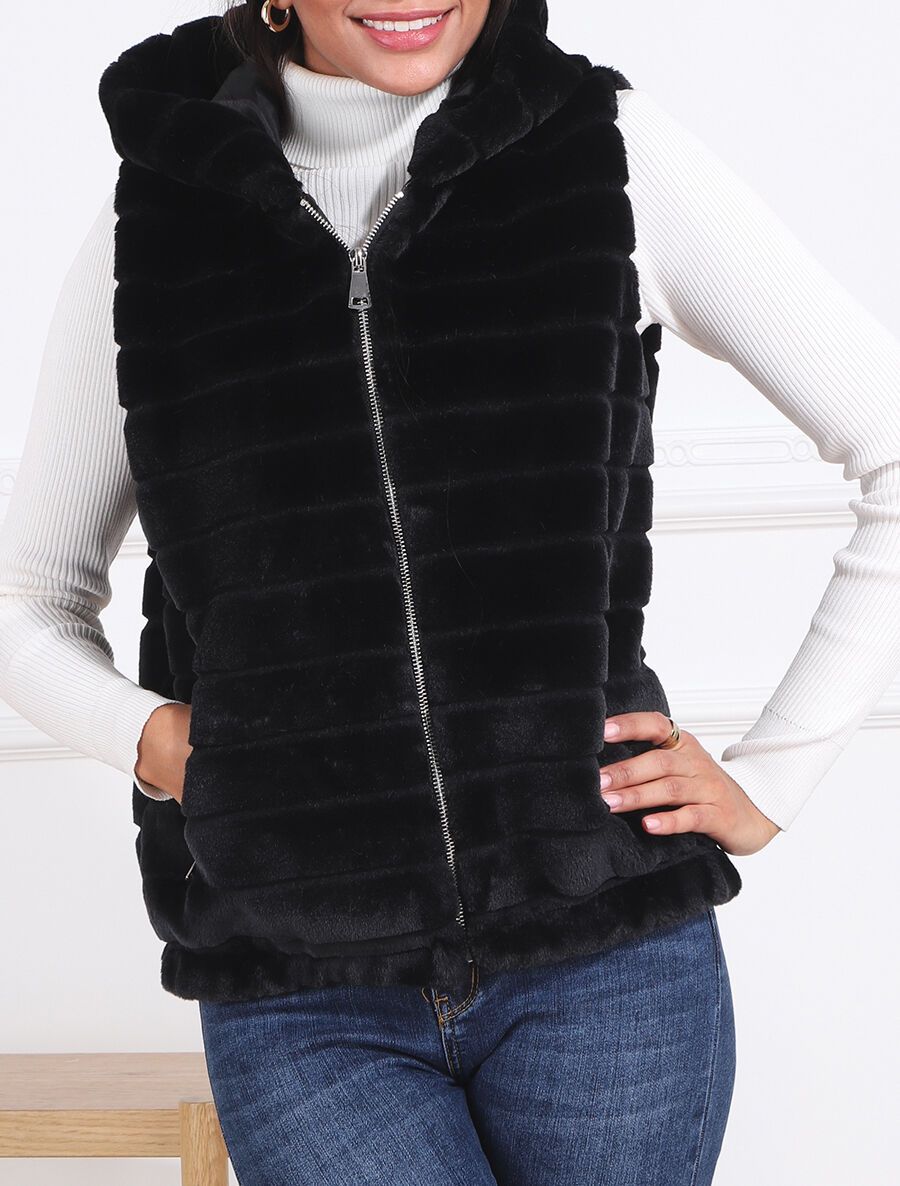 Manteau sans manches en fourrure synthétique - Noir - 4