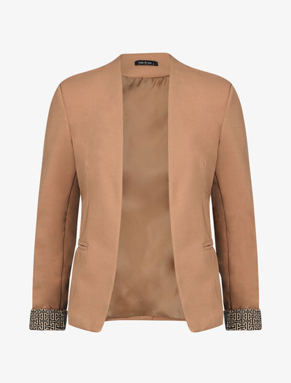 Blazer uni à revers imprimé grec - Camel - 5
