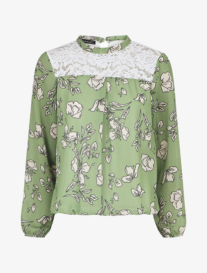 Blouse manches longues à dentelle et imprimé floral - Vert amande - 1