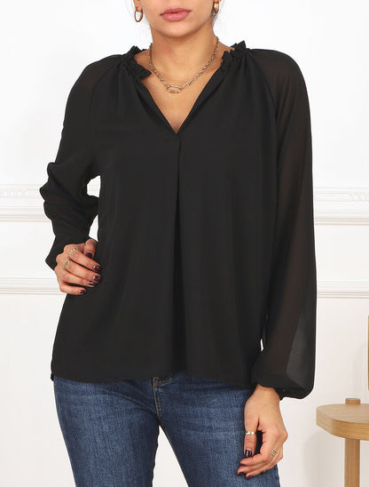 Blouse ample unie manches longues - Noir - 4