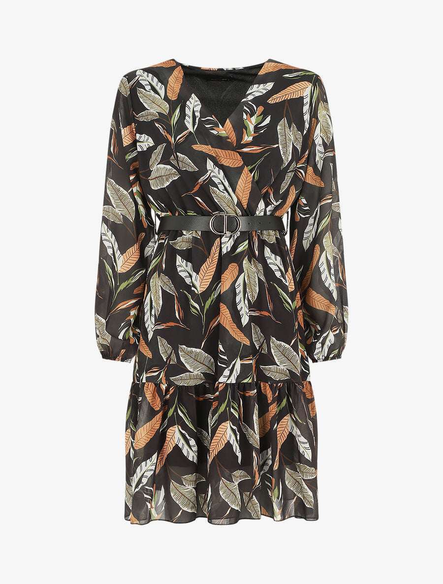 Robe mi-longue manches longues imprimé feuilles - Noir - 1