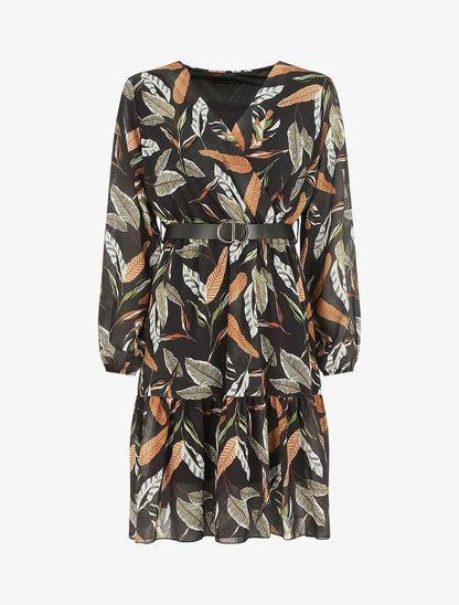 Robe mi-longue manches longues imprimé feuilles - Noir - 1