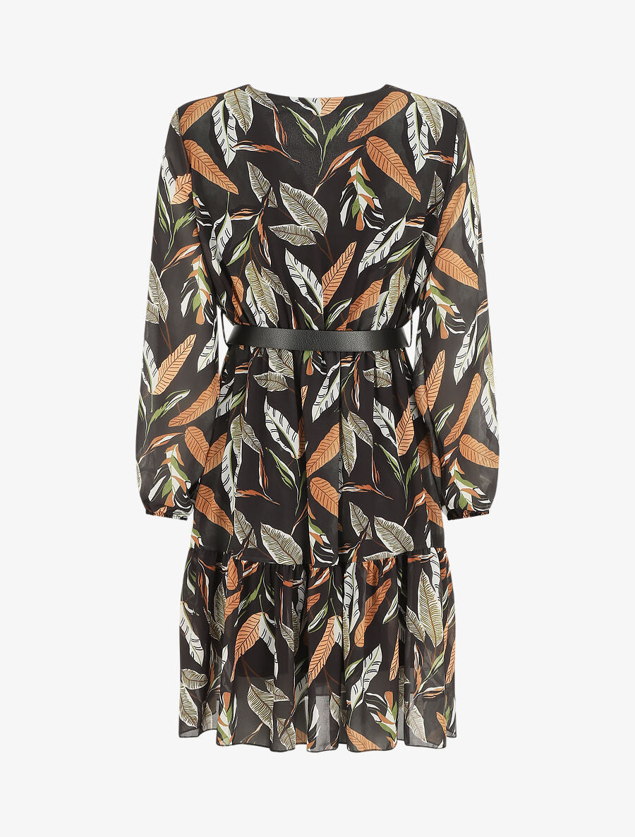 Robe mi-longue manches longues imprimé feuilles - Noir - 2