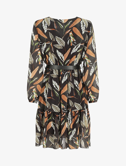 Robe mi-longue manches longues imprimé feuilles - Noir - 2