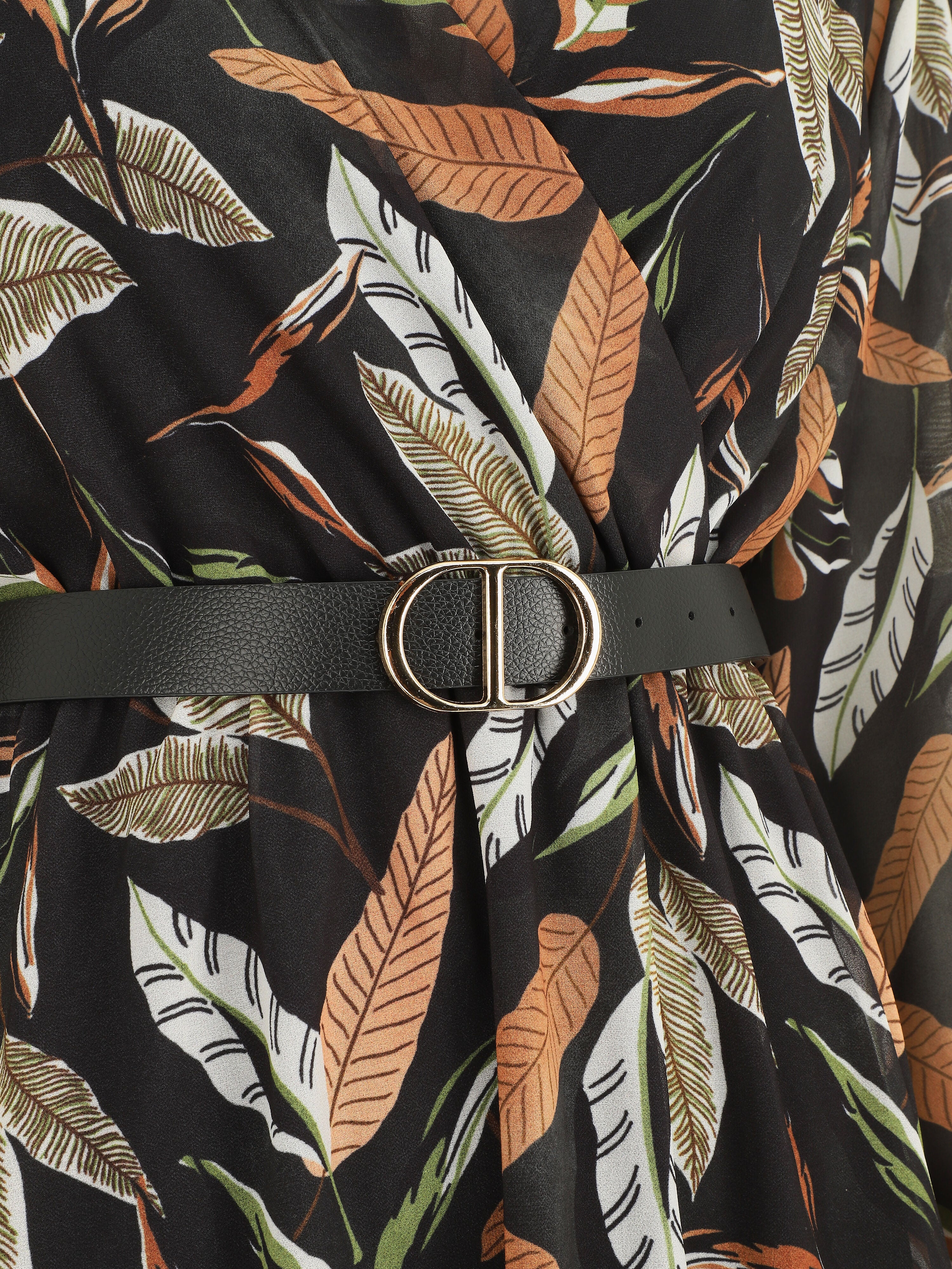 Robe mi-longue manches longues imprimé feuilles - Noir - 3