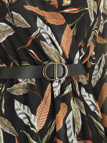 Robe mi-longue manches longues imprimé feuilles - Noir - 3