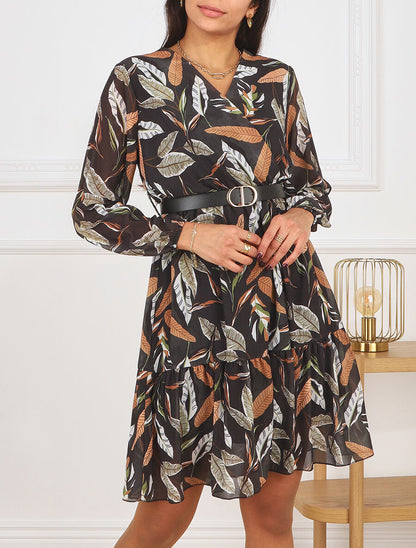 Robe mi-longue manches longues imprimé feuilles - Noir - 4