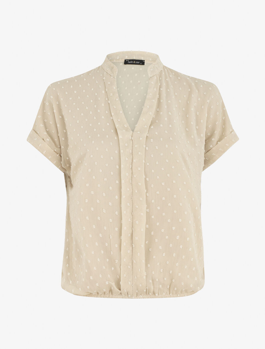 Top en plumetis à manches courtes et col V - Beige - 1