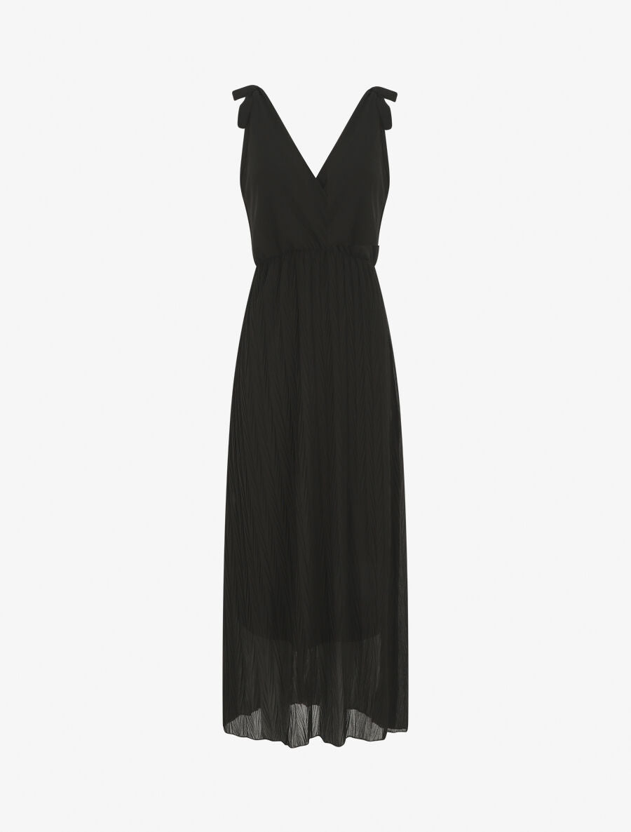 Robe longue unie plissée col cache-coeur - Noir - 1