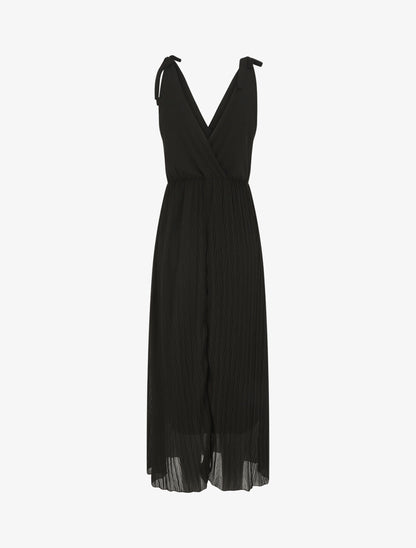 Robe longue unie plissée col cache-coeur - Noir - 2