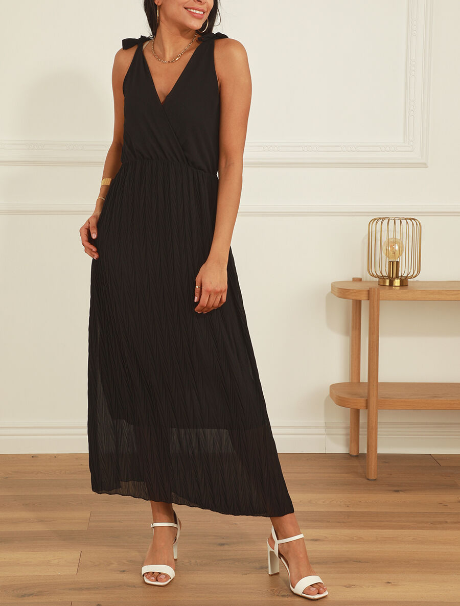 Robe longue unie plissée col cache-coeur - Noir - 4