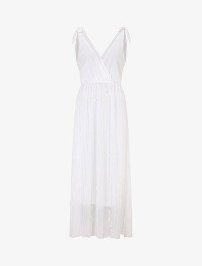 Robe longue unie plissée col cache-coeur - Blanc - 4