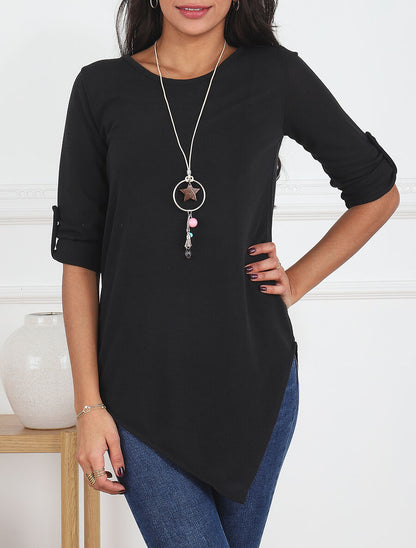 Pull fin asymétrique à manches retroussables - Noir - 4