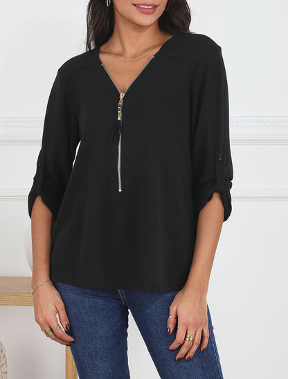 Pull fin à col V zippé - Noir - 4