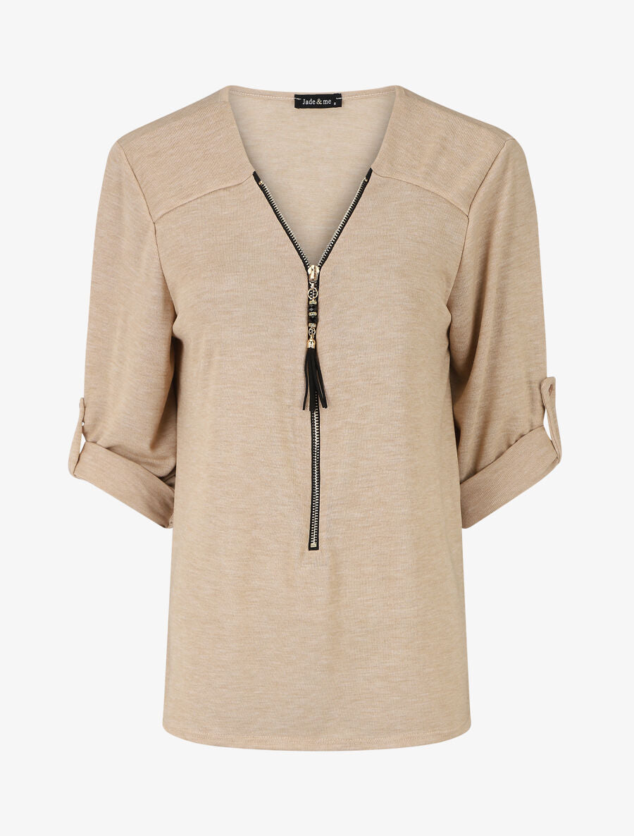 Pull fin à col V zippé - Beige - 1