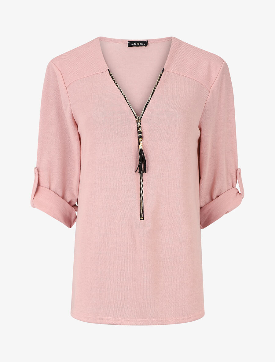 Pull fin à col V zippé - Rose - 5