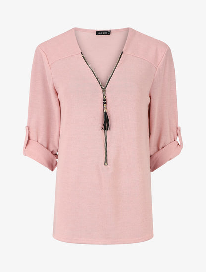 Pull fin à col V zippé - Rose - 5