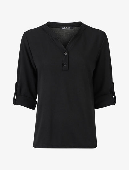Pull uni fin à manches retroussables - Noir - 1