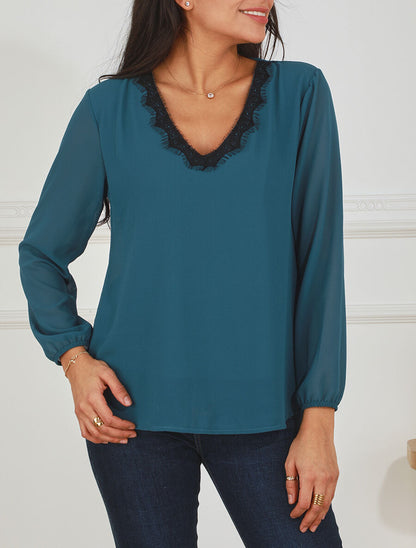 Blouse unie à manches longues et col en dentelle - Bleu canard - 4
