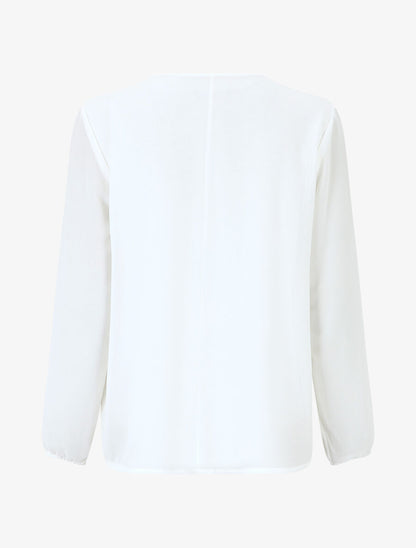 Blouse unie à manches longues et col en dentelle - Blanc - 2