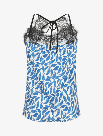 Caraco satiné imprimé plumes et dentelle - Bleu roi - 2