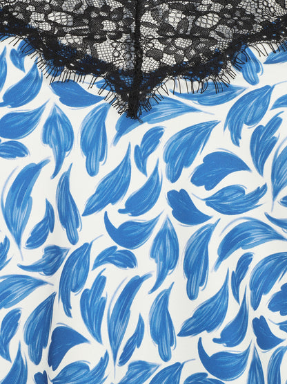 Caraco satiné imprimé plumes et dentelle - Bleu roi - 3