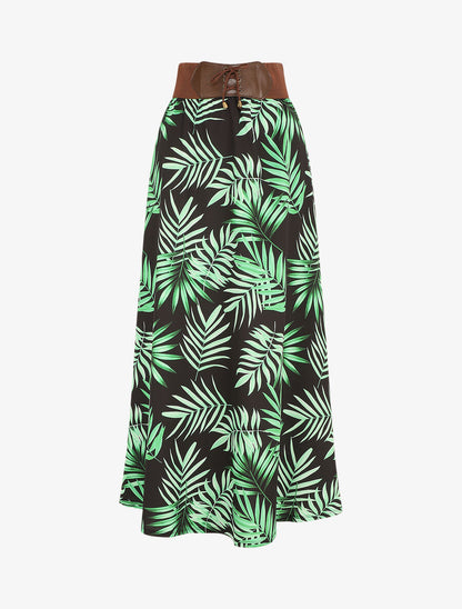 Jupe longue taille haute style corset imprimé tropical - Noir - 4
