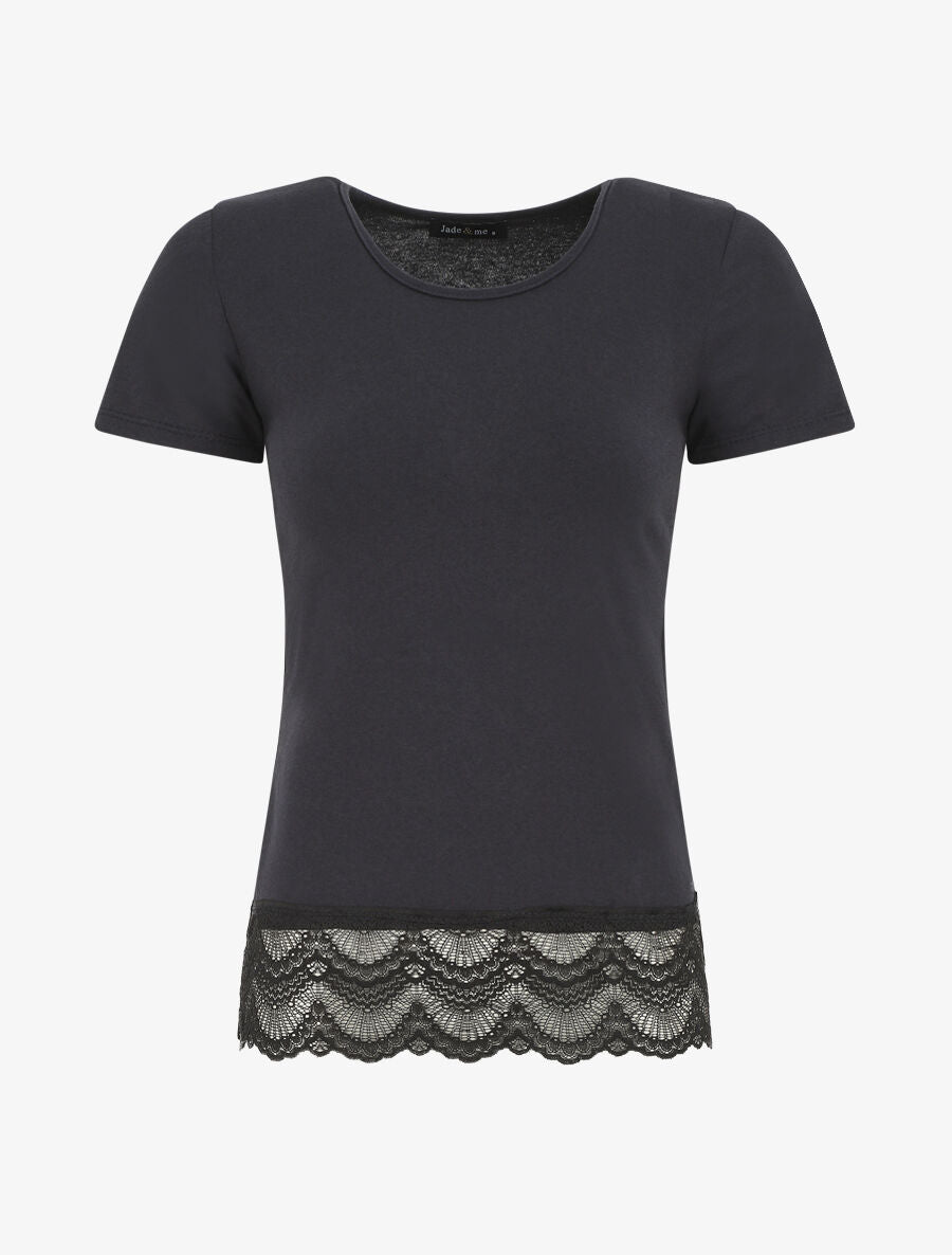 T-shirt uni et dentelle - Bleu nuit - 1